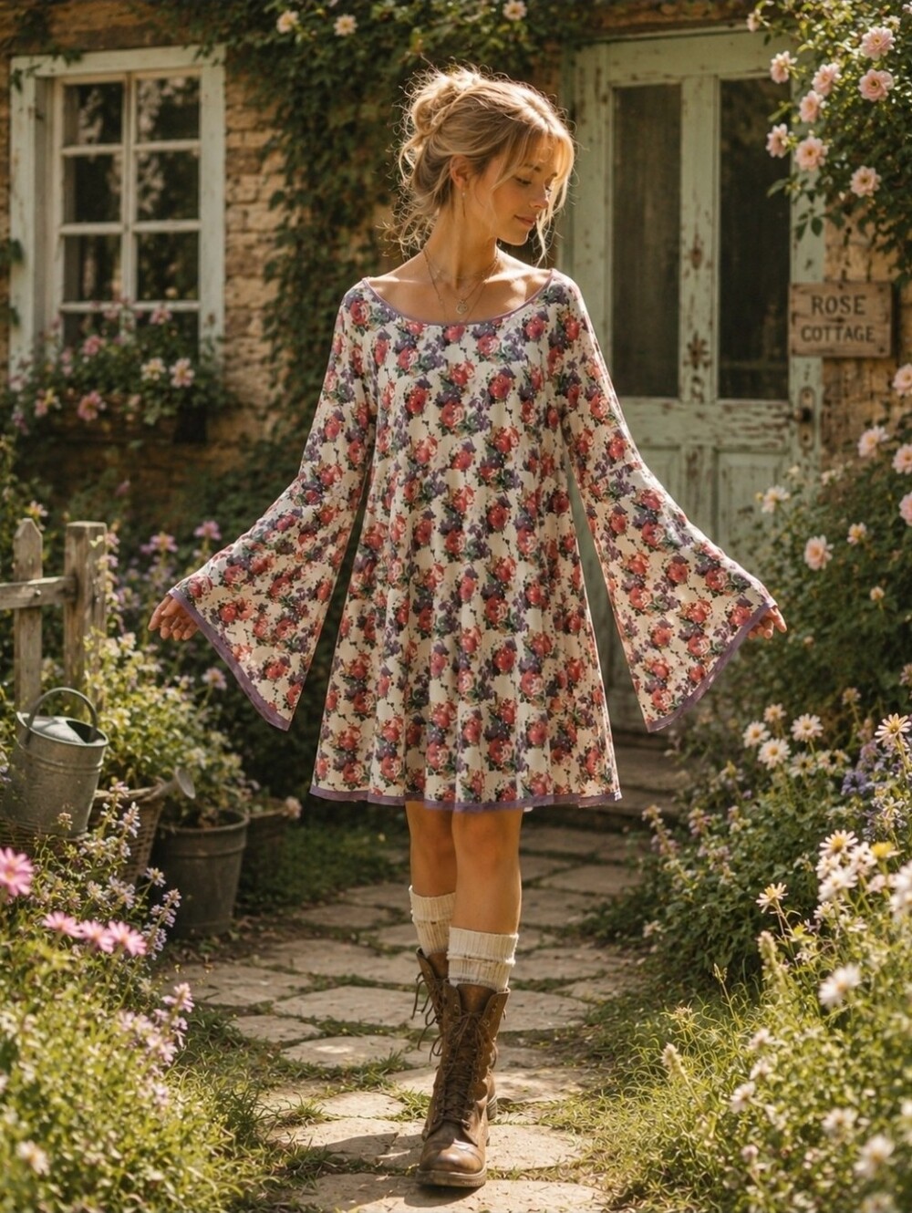 Kori America Floral Relaxed Bell Sleeves Bohemian Dress Size Medium